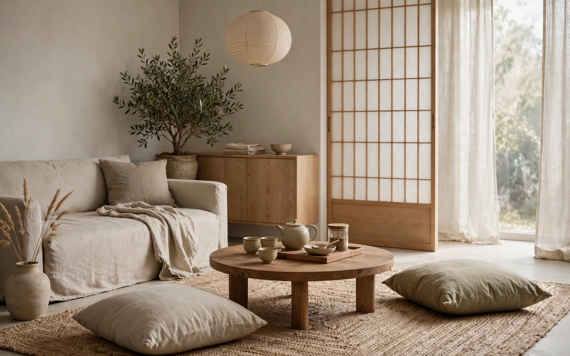 Low wooden coffee table with floor cushions and a tea tray in japandi living room ideas