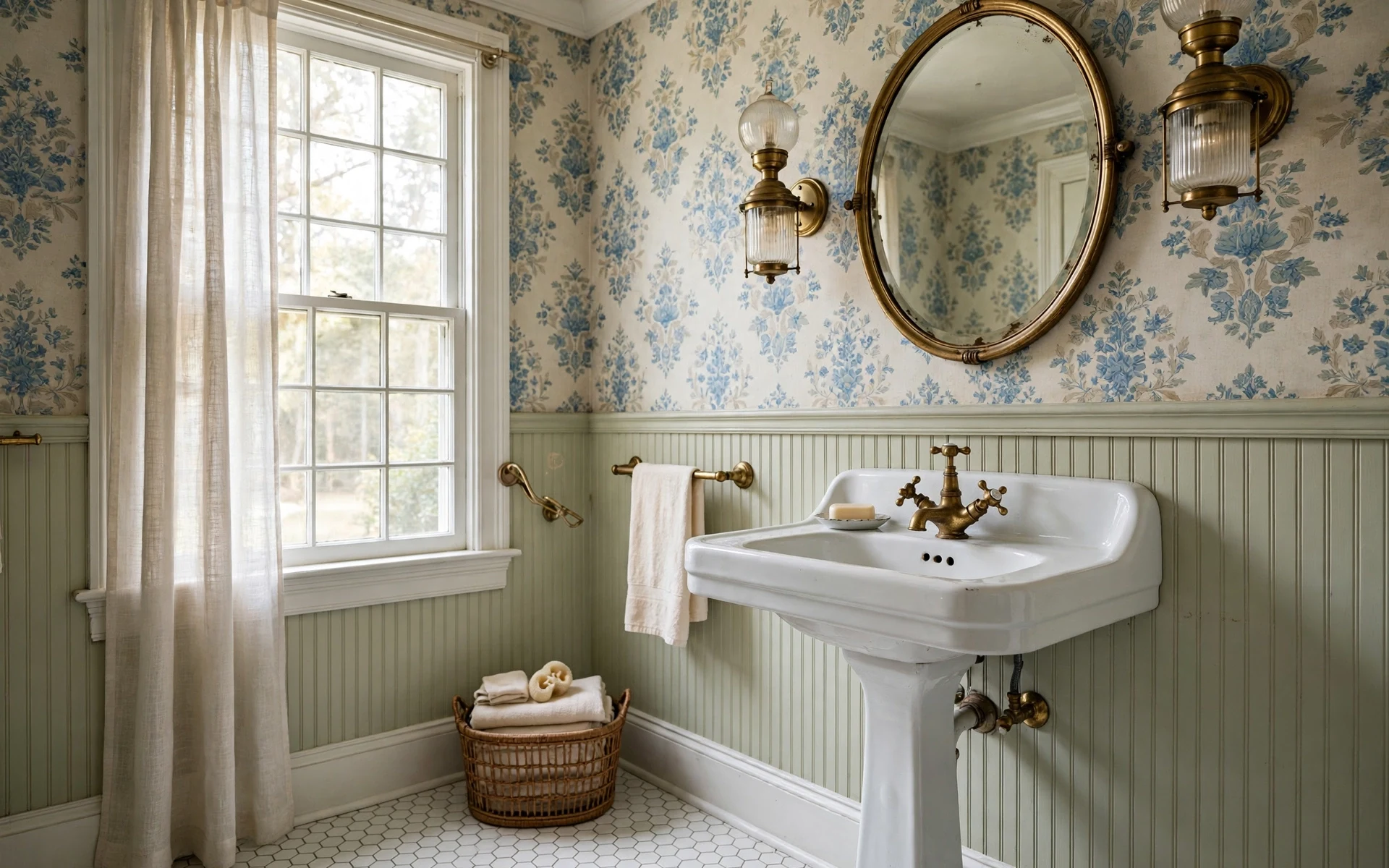 Vintage gold bathroom fixtures ideas with cross handles on a pedestal sink
