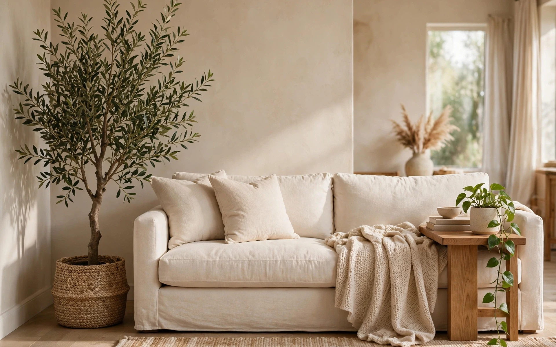 Cream sofa styling ideas with an olive tree in a woven basket beside the sofa