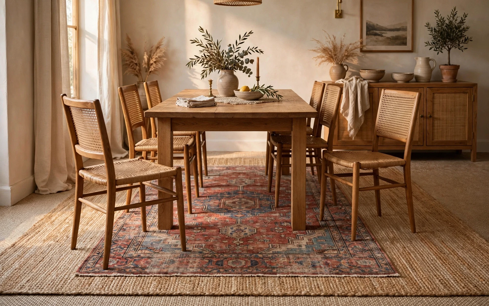 Dining room rug layering ideas with a flatweave base rug and a vintage rug under a wooden table