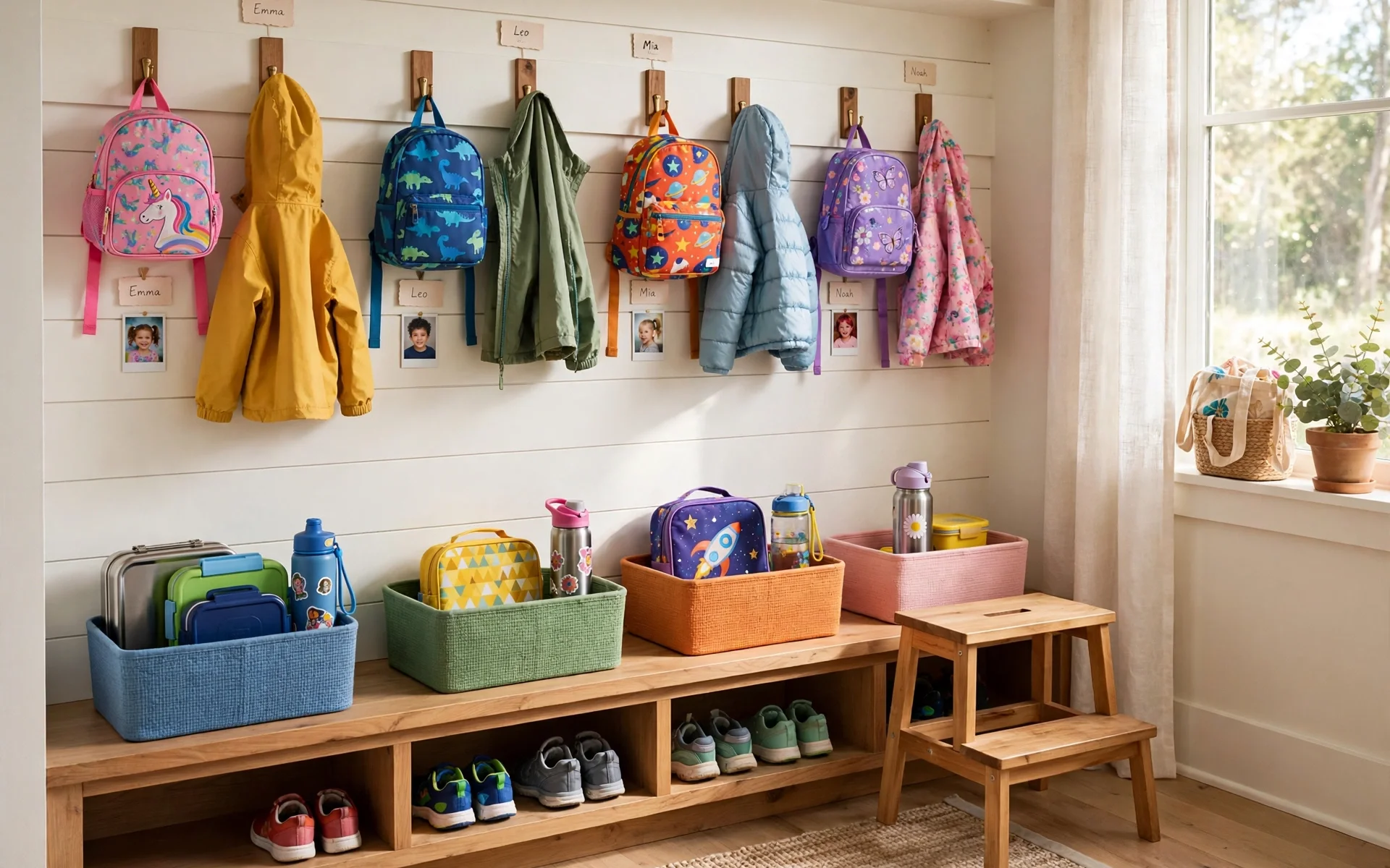 Kid-height hooks and colorful bins in a family mudroom station, family-friendly mudroom ideas