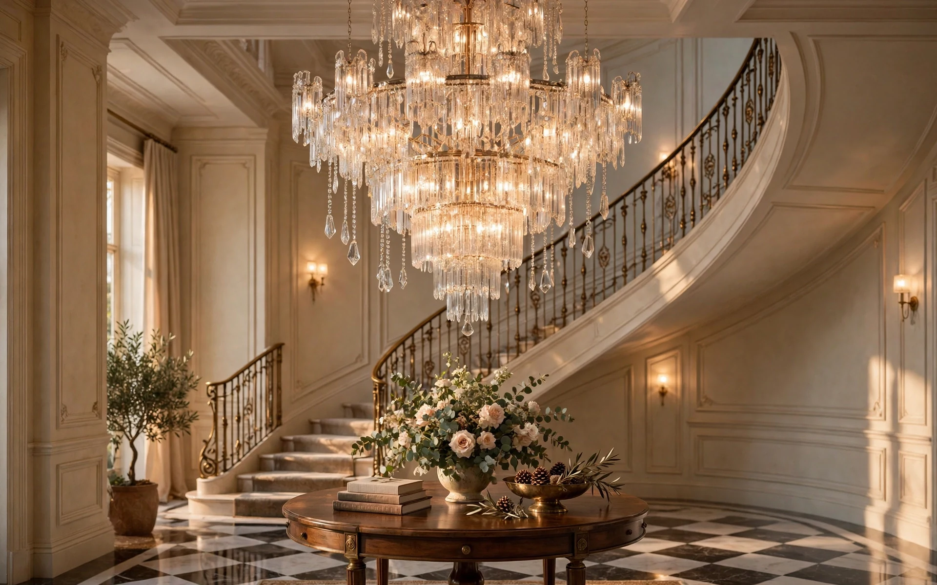 Cascading chandelier statement lighting ideas with a multi-tier crystal chandelier in a grand entryway