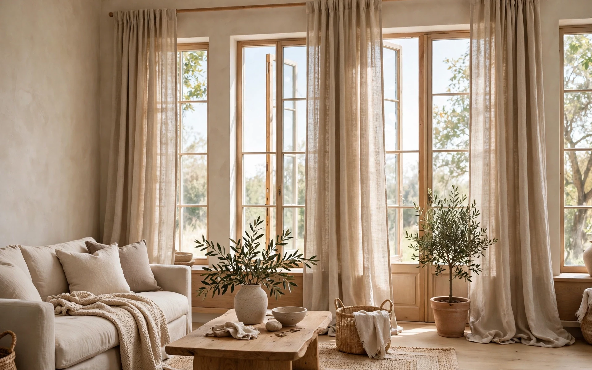 Floor-length linen curtains softening beige living room ideas while keeping the windows bright