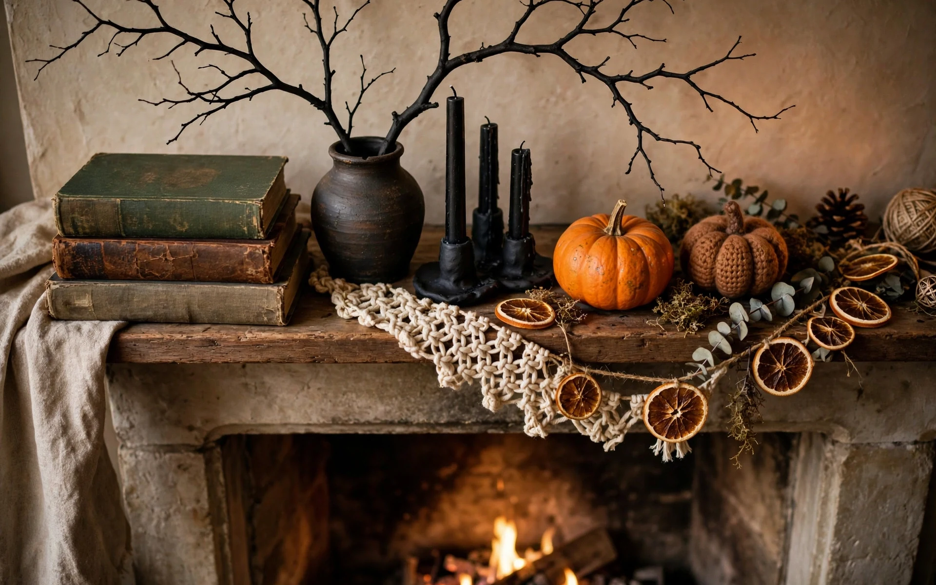 Mantel styled with old books, black candles, branches and a small pumpkin as diy halloween decor ideas