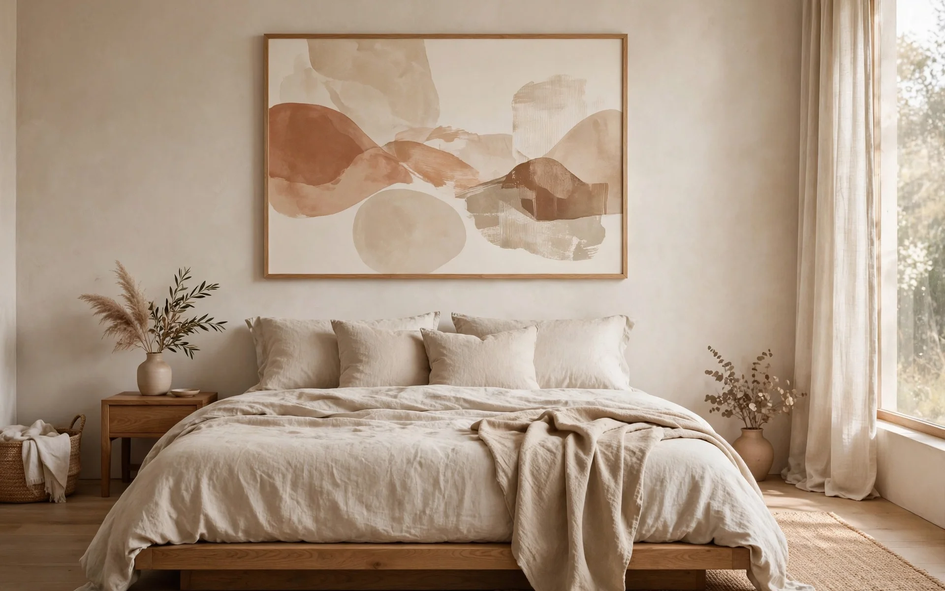 Warm minimalist bedroom ideas with one large warm abstract print above the bed