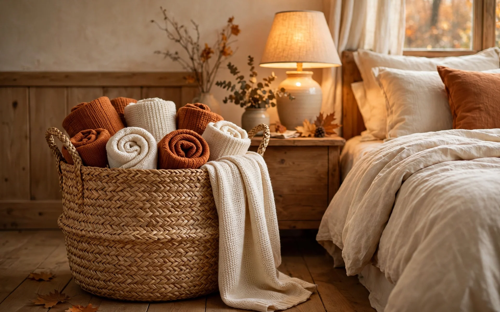 Marble coffee table ideas with fall styling, mini pumpkins and an amber glass candle