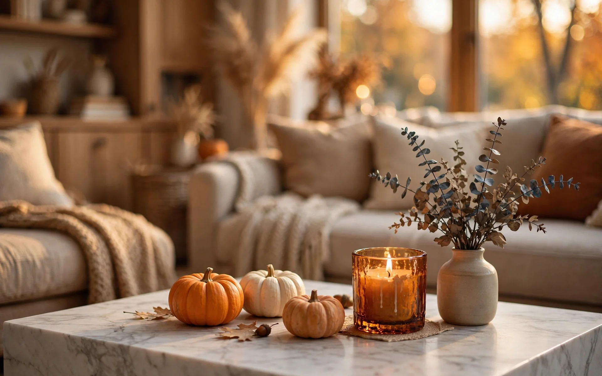 Fall bedroom decor ideas with a woven seagrass basket holding spare throws