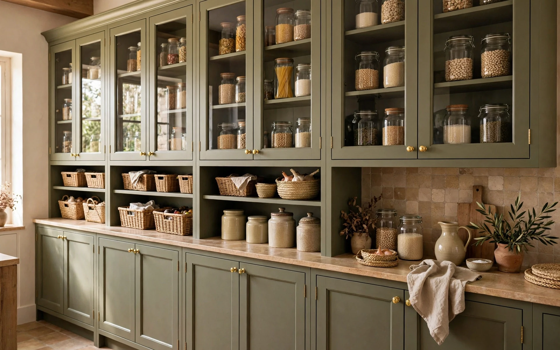 Olive green kitchen ideas for a full-height pantry wall with jars, baskets and drawers
