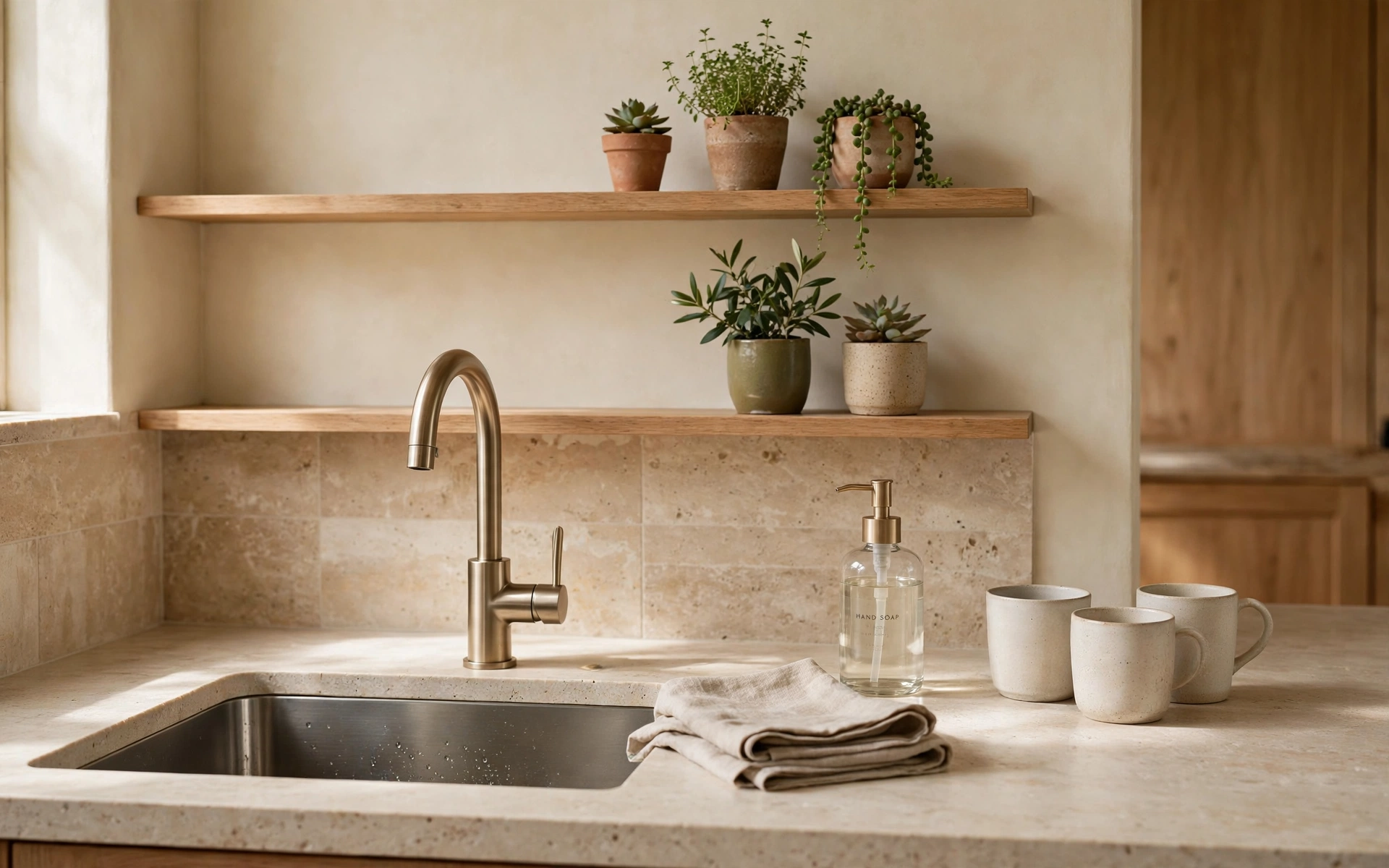 Open shelf kitchen ideas with slim above-sink shelves holding plants, linens, and ceramic cups