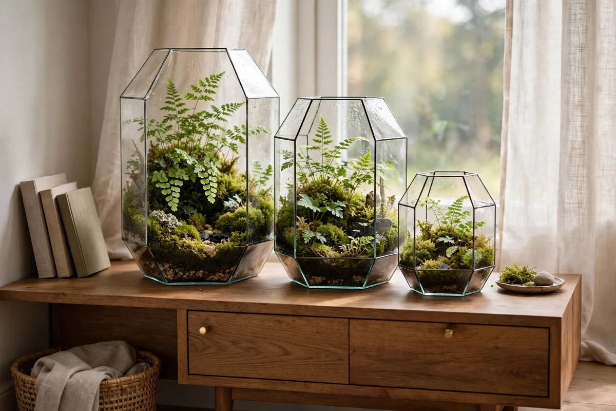 Biophilic decor ideas — a cluster of glass terrariums with ferns and moss on a wooden sideboard