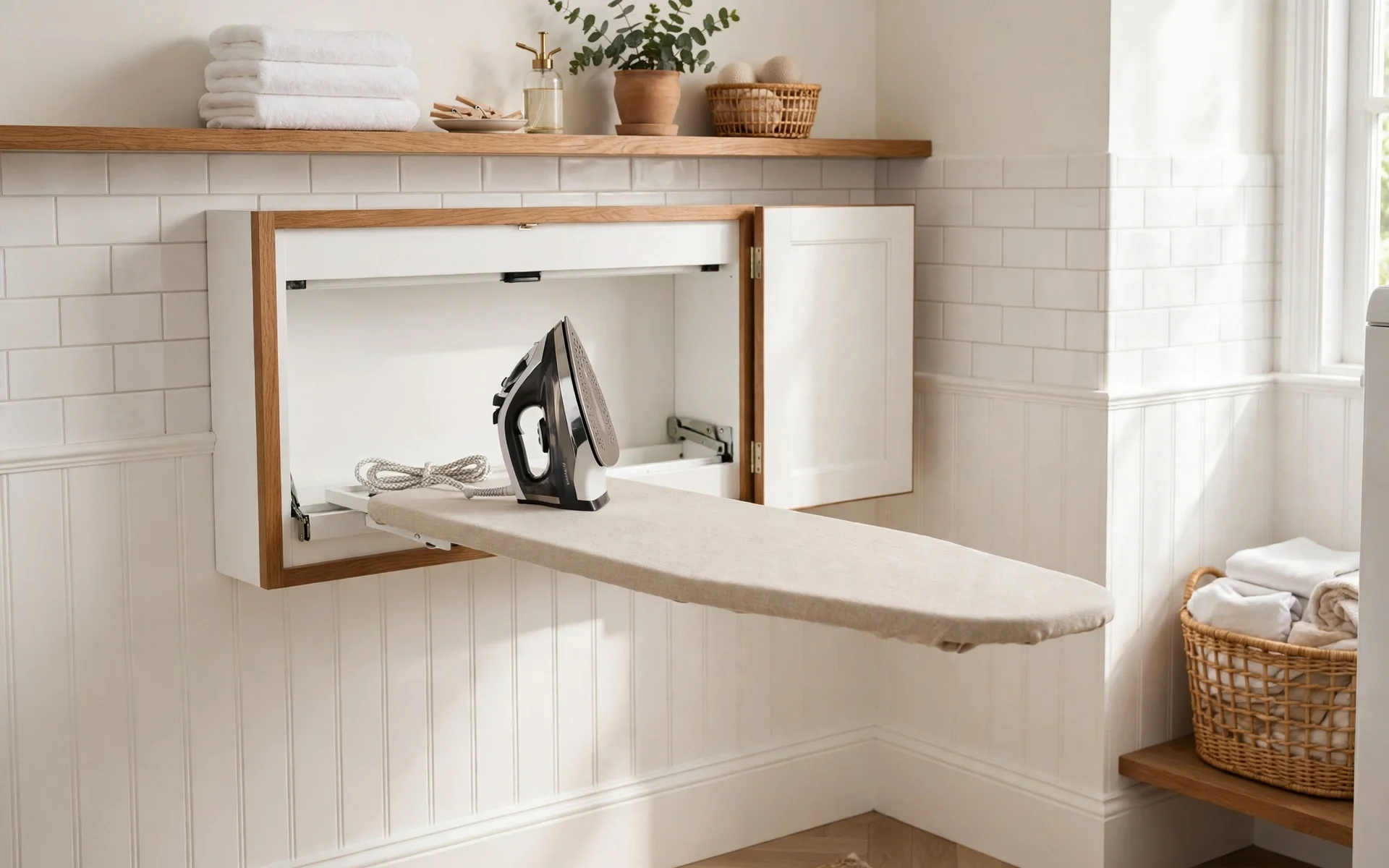 Wall-mounted fold-down ironing board cabinet in a small laundry room, efficient small laundry room ideas
