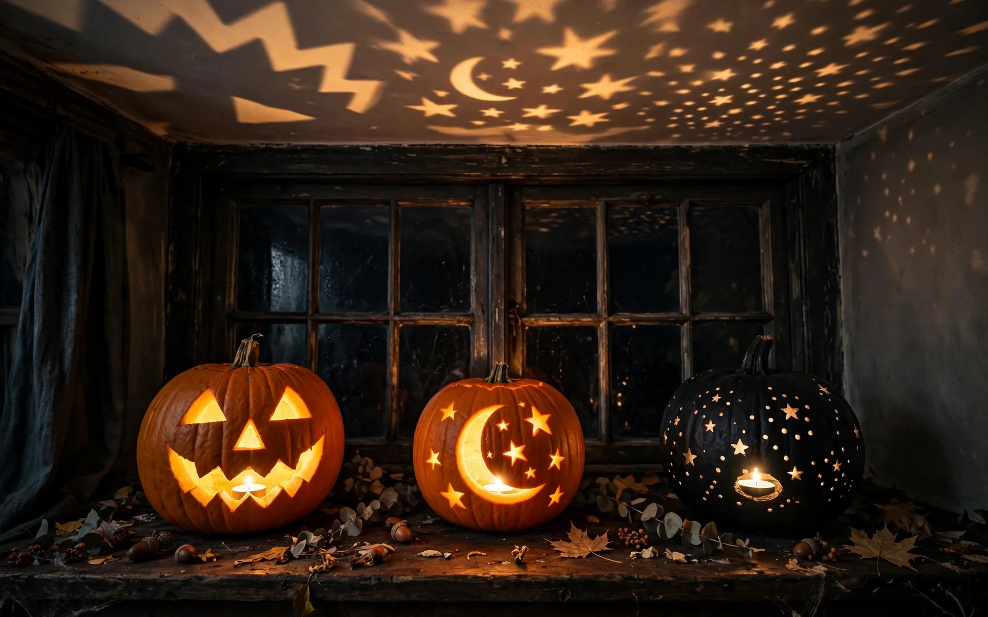 Traditional halloween window decor ideas with carved pumpkin luminaries glowing on the window sill at night