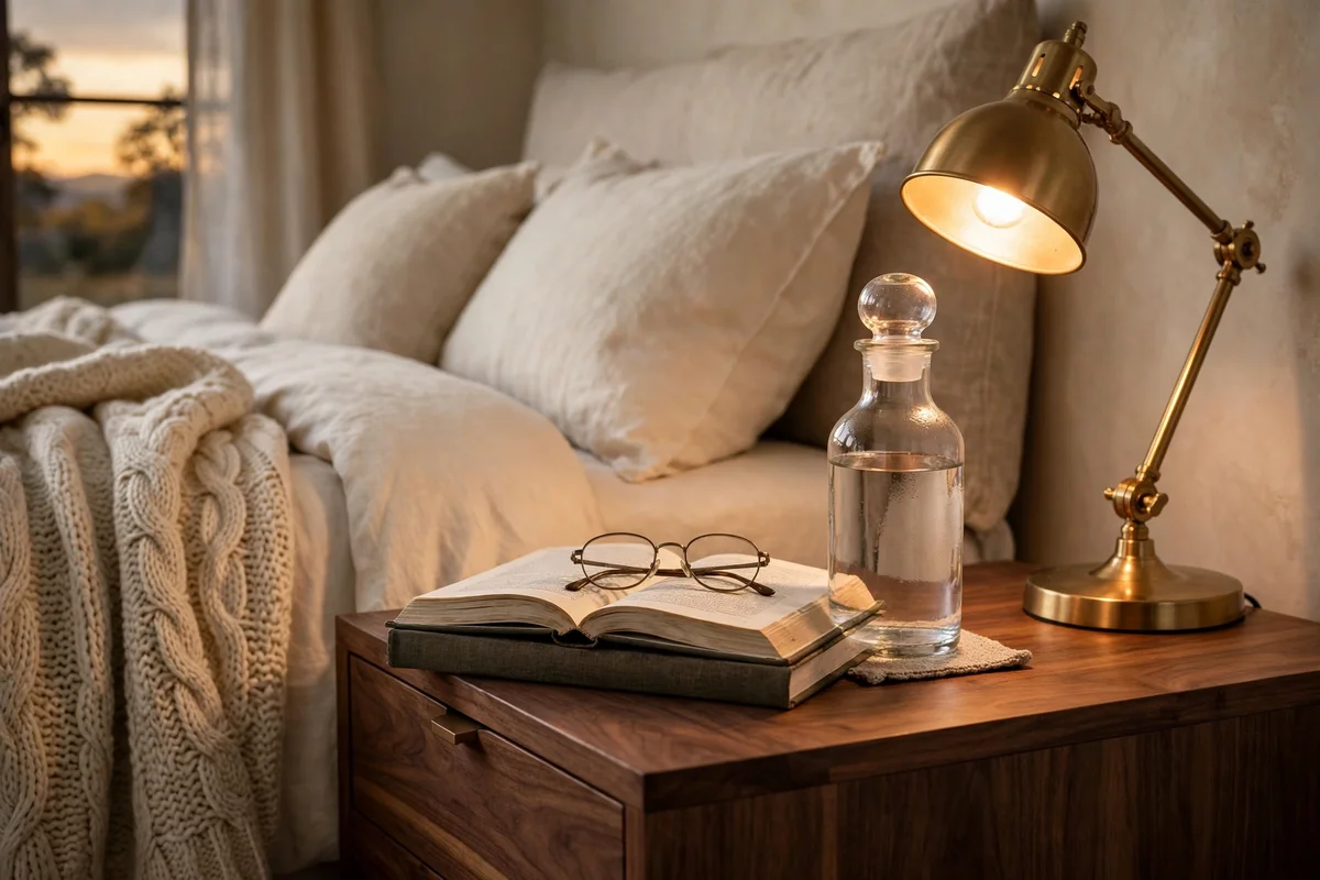 Bedside table styling ideas for readers: open book, swing-arm lamp, and water carafe