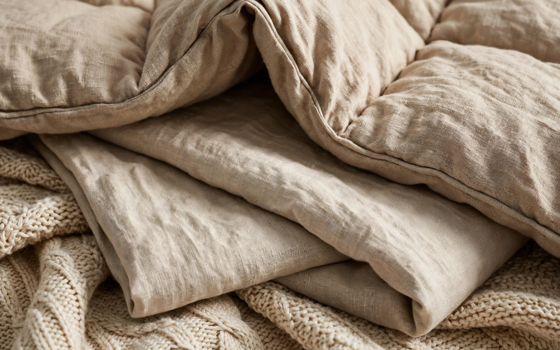 Close-up linen bedding ideas showing folded-back linen sheets, layered edges and natural woven texture