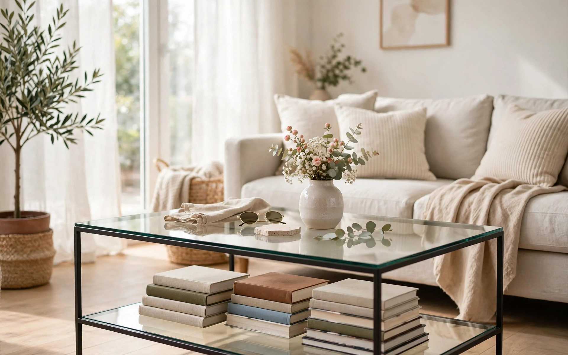 Glass coffee table styling ideas with books on the lower shelf and a small vase of flowers on top