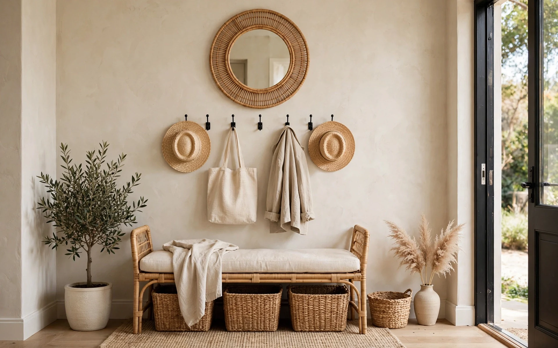 Entryway rattan decor ideas with a rattan bench, baskets underneath and a mirror above