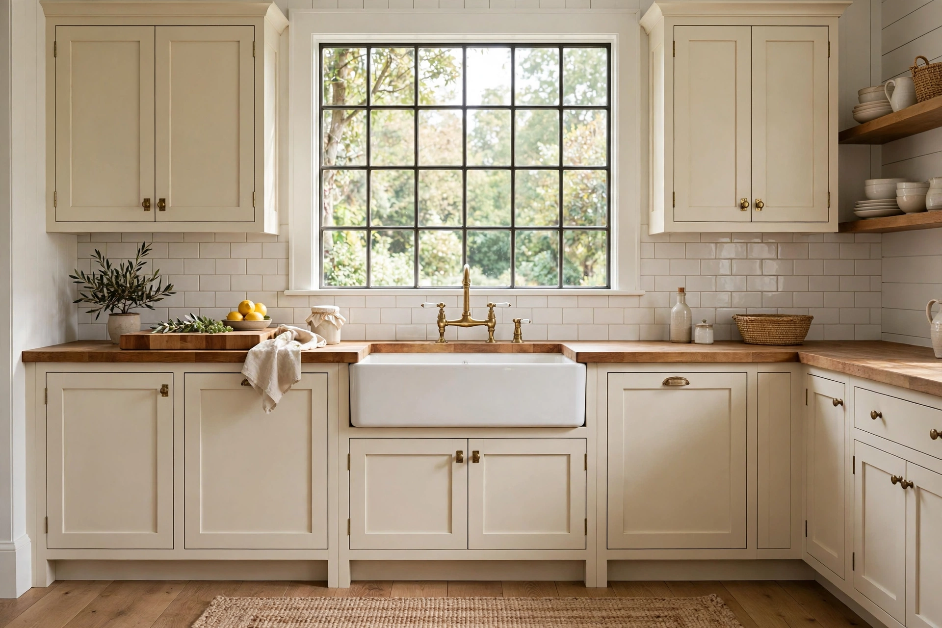 Cream kitchen ideas: farmhouse apron-front sink with an aged brass bridge faucet
