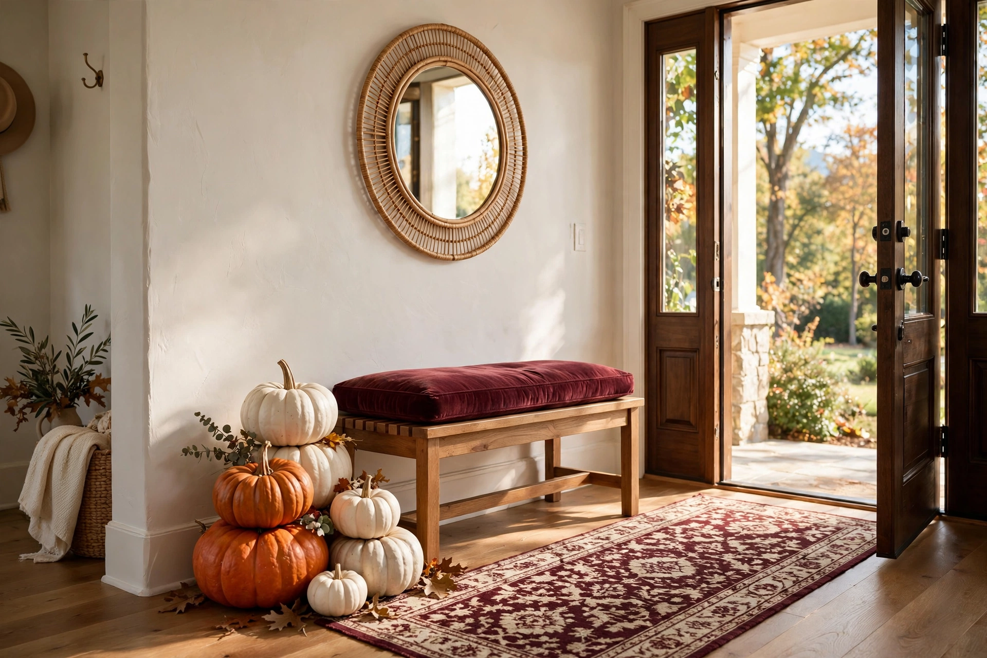 Burgundy decor ideas: fall entryway with a burgundy bench cushion, pumpkins, and a mirror
