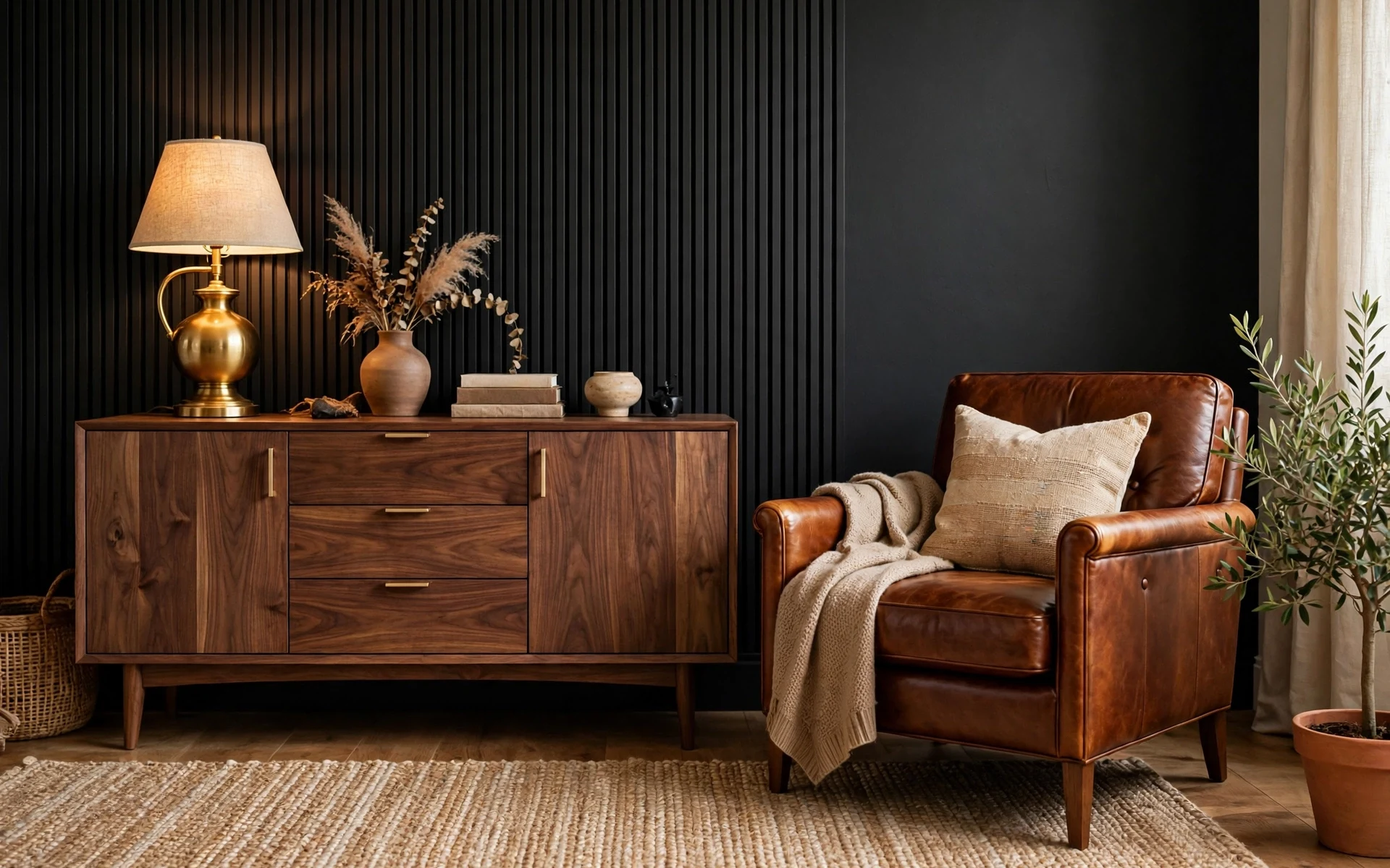 Black accent wall ideas balanced with a walnut sideboard brass lamp and cognac leather chair