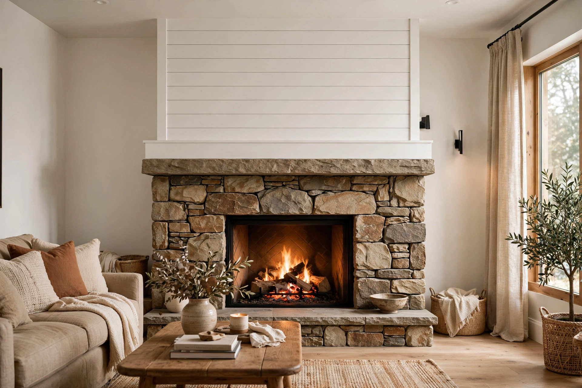 Stone fireplace ideas combining a stone surround with white shiplap above the mantel