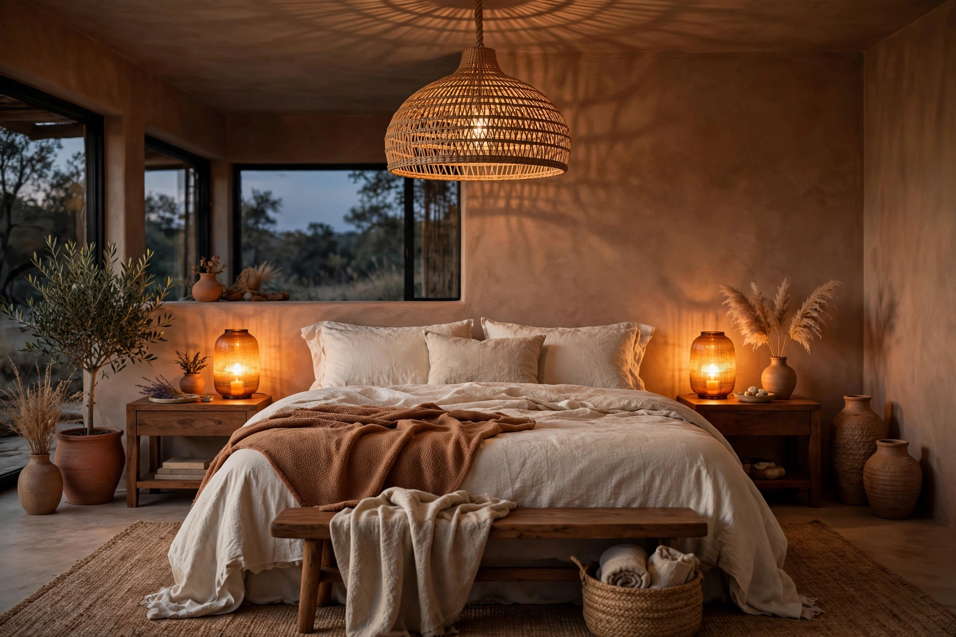 Earthy bedroom ideas: warm amber glass bedside lamps and a woven rattan pendant light