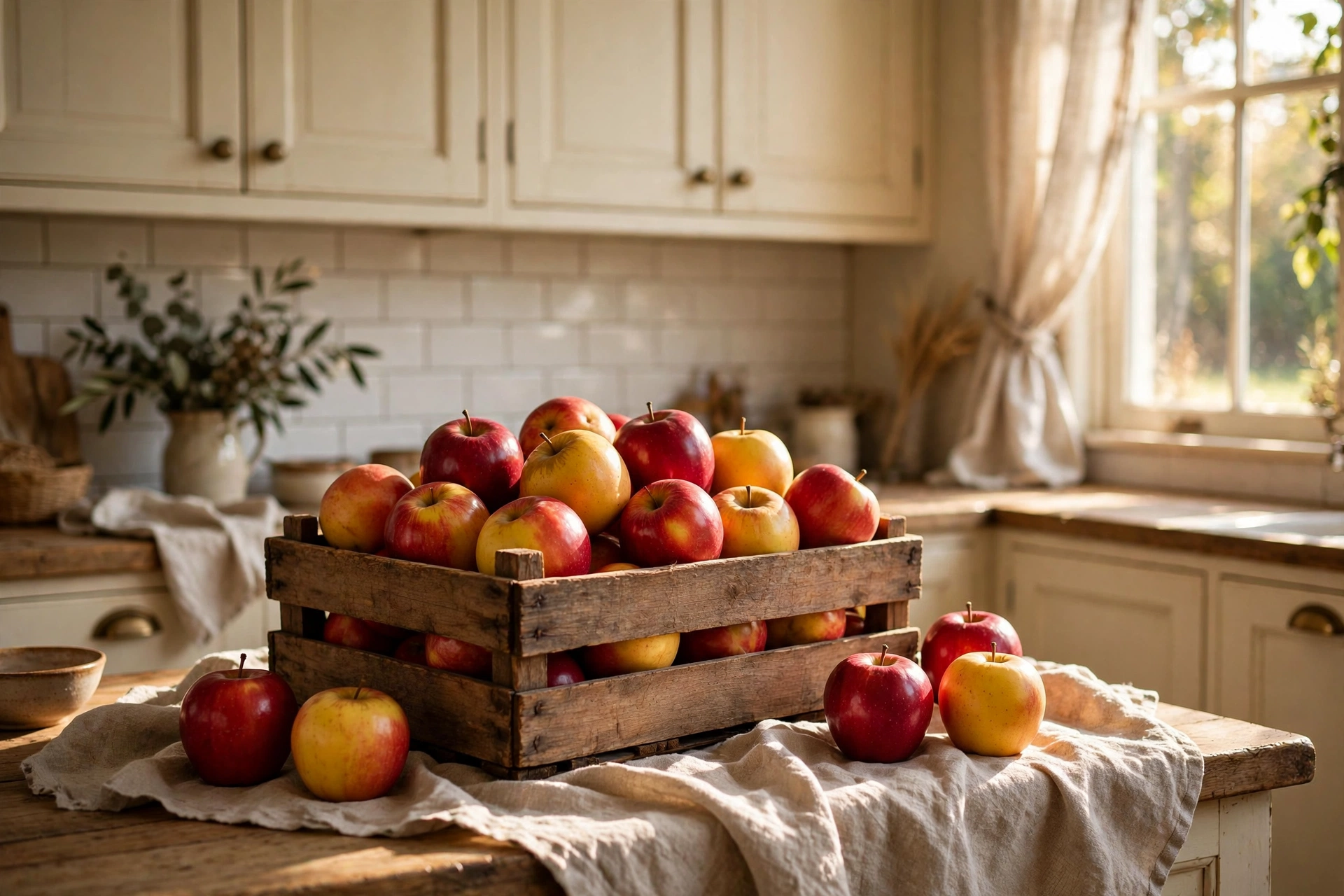 Fall kitchen decor ideas with a wooden harvest crate of apples on a farmhouse counter