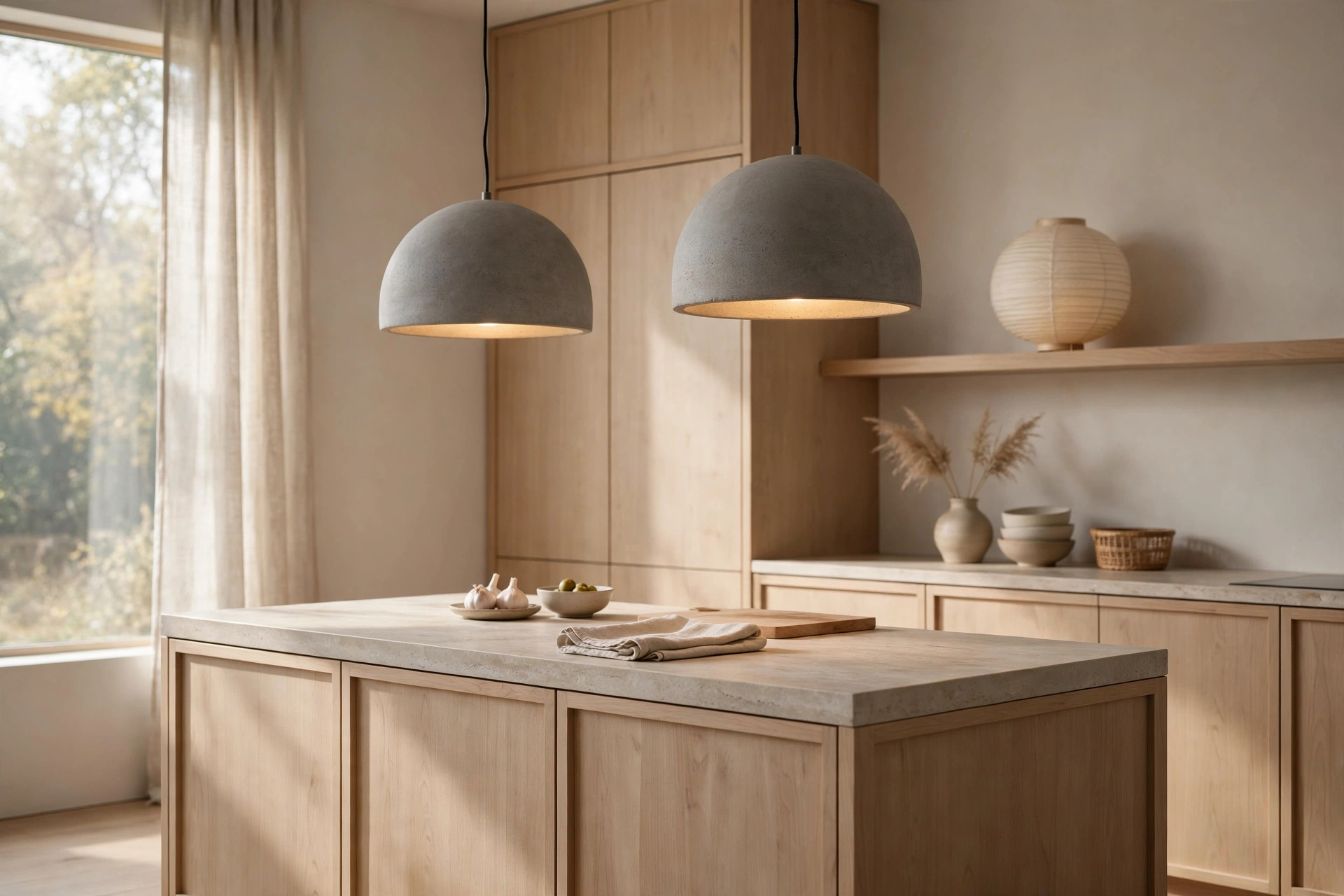 Kitchen pendant lighting ideas: gray concrete dome pendants over a minimalist Japandi kitchen island