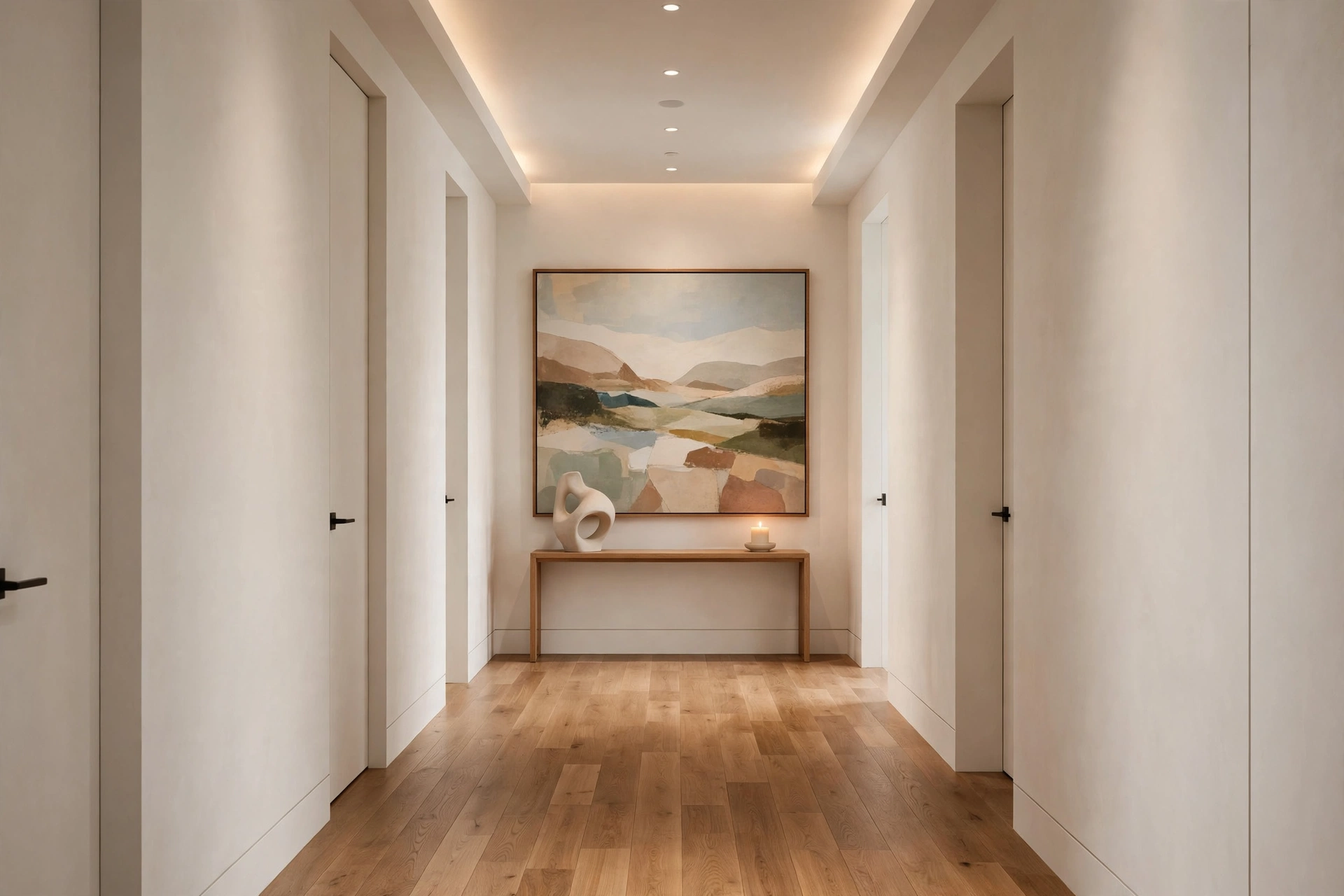 Large framed art anchoring the end wall of a long hallway — oversized wall art ideas for corridors