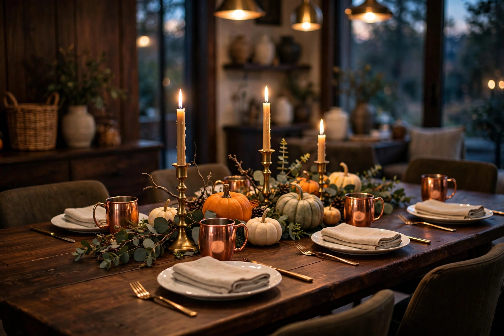 Warm thanksgiving table decor ideas with copper mugs and brass candle holders