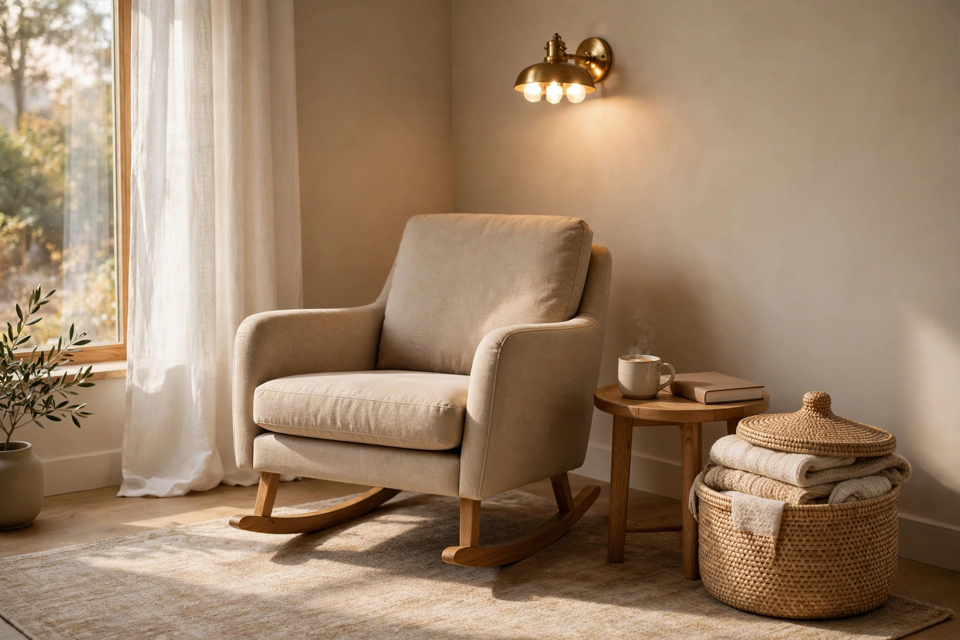 Reading nook ideas: wooden rocking chair with a side table, blanket basket, and reading lamp in a cozy corner