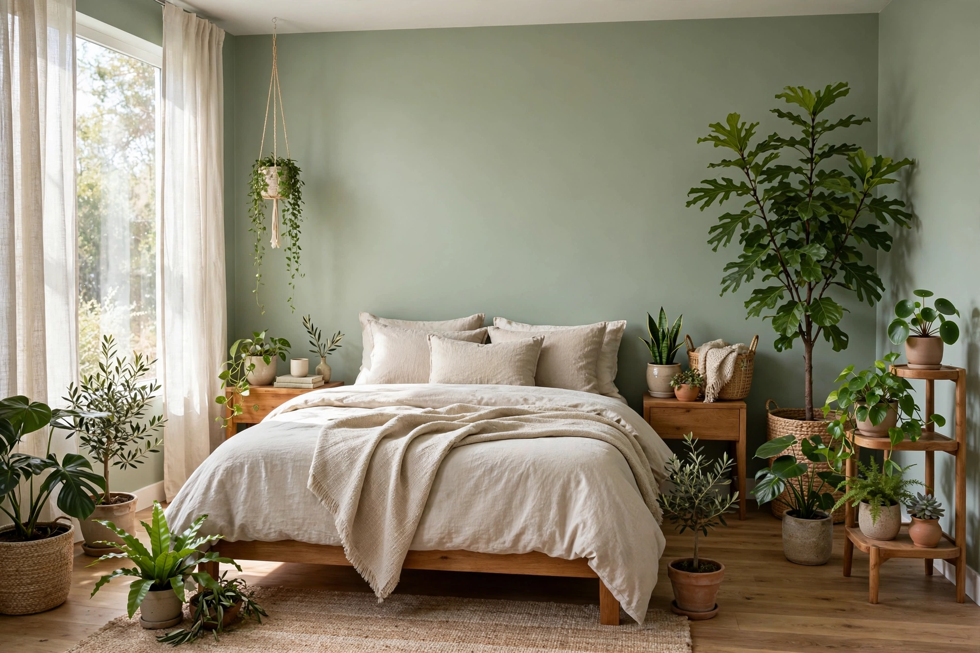 Sage green bedroom ideas styled with houseplants in a sage bedroom