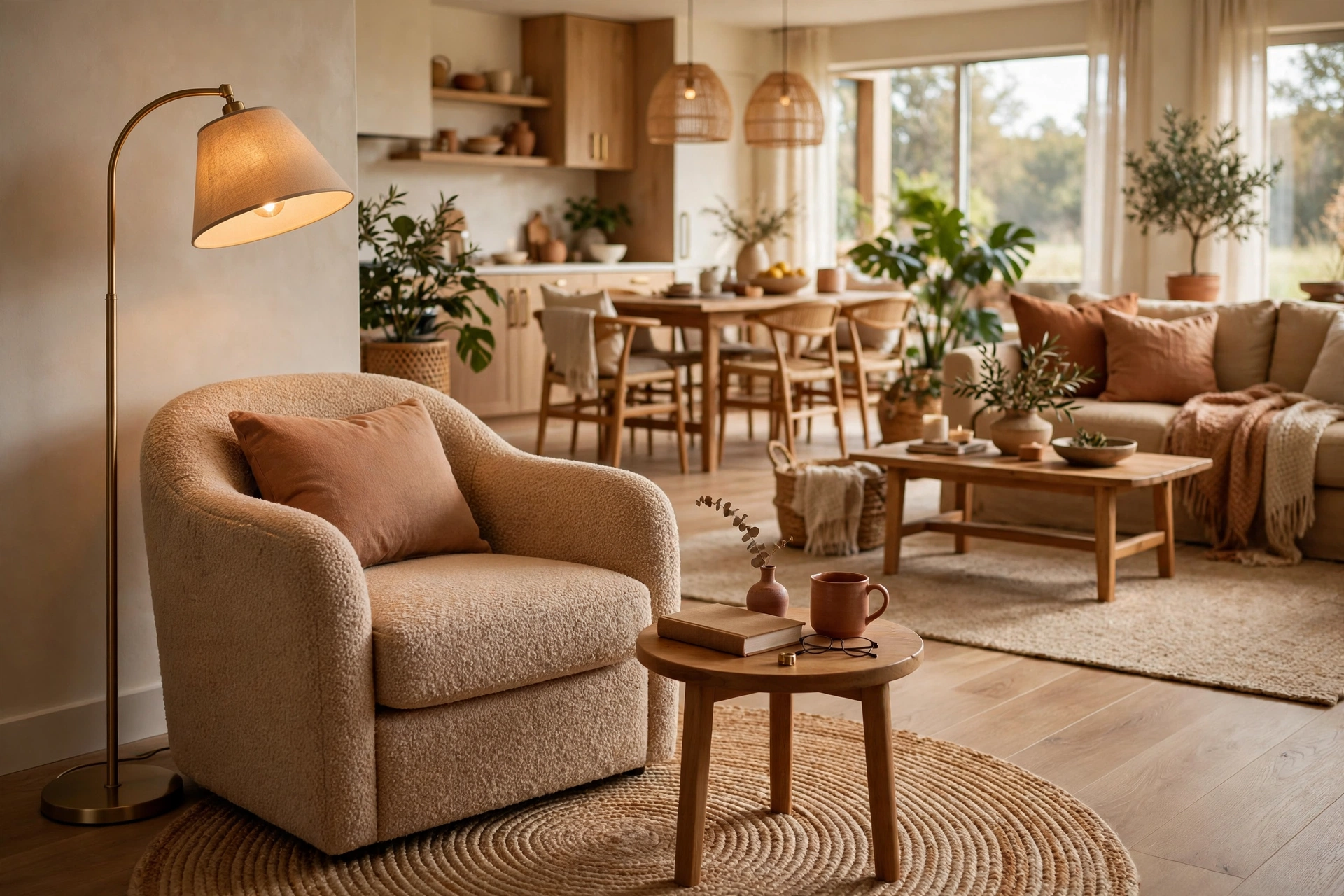 Area rug open floor plan ideas: cozy reading corner with an armchair and floor lamp on its own small round rug