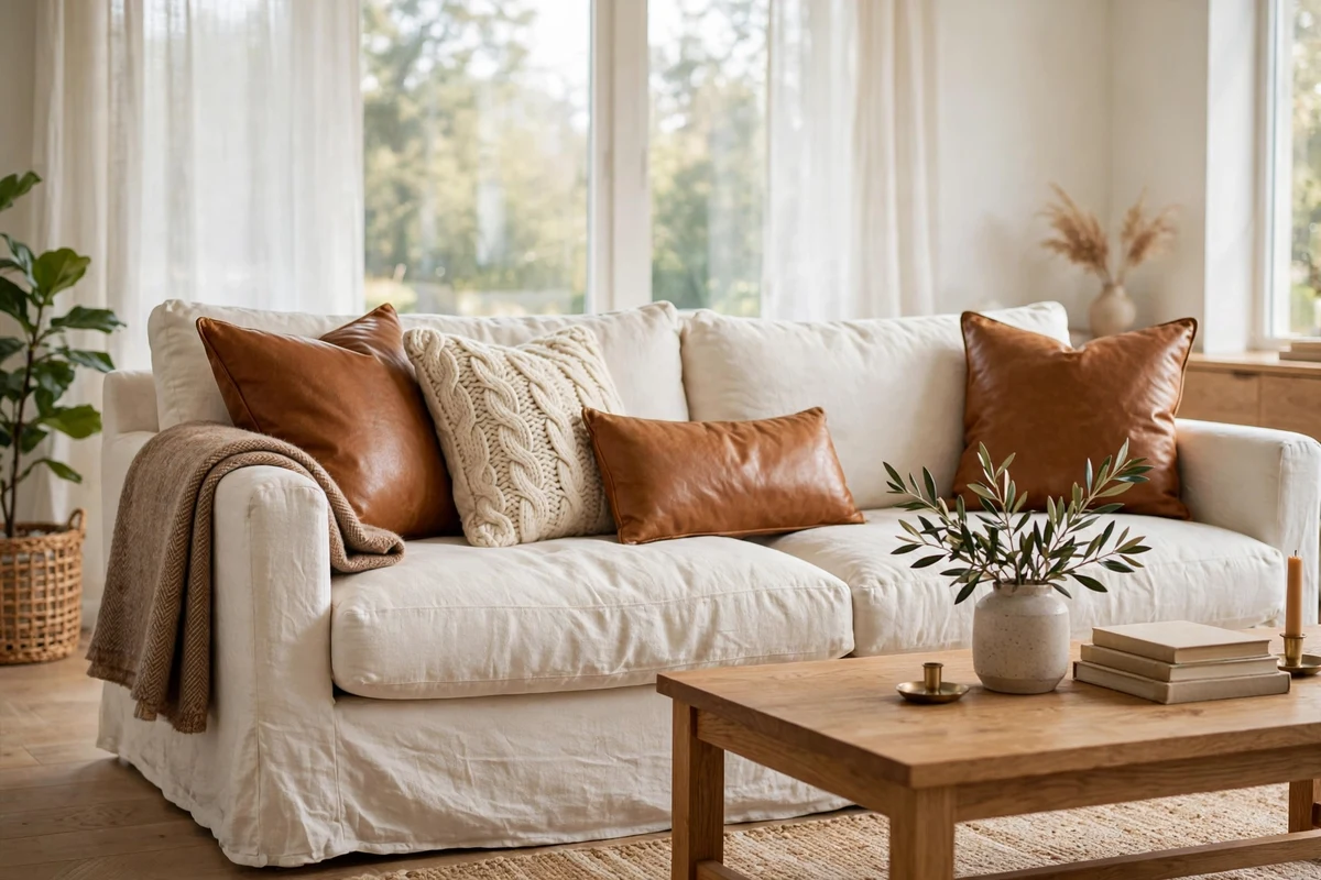 Caramel leather decor ideas: ivory linen sofa layered with caramel leather throw pillows