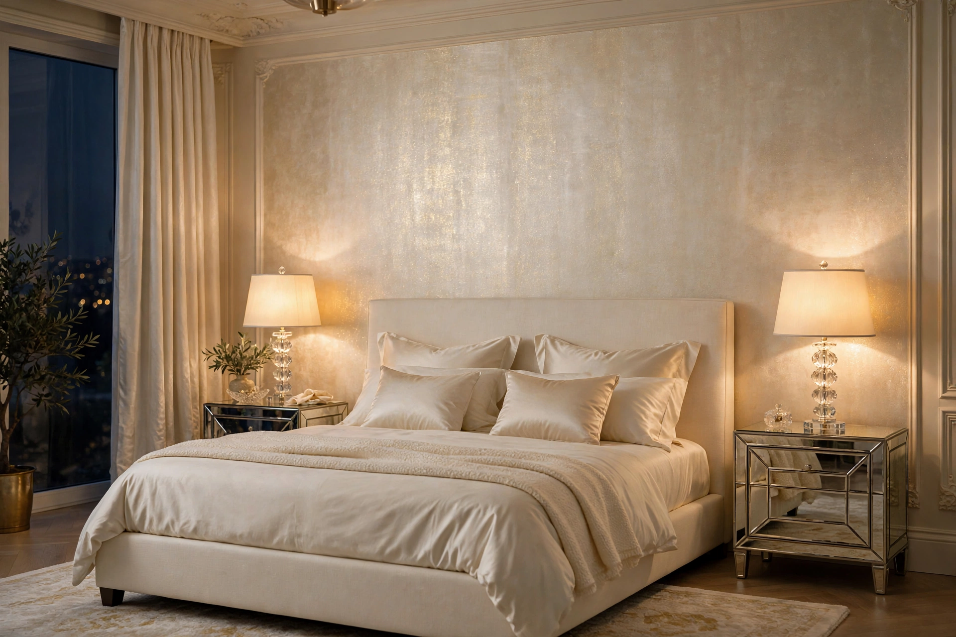 textured wallpaper ideas: guest bedroom with silk and mica shimmer textured wallpaper in pale gold with luminous sheen on the headboard wall behind a cream bed