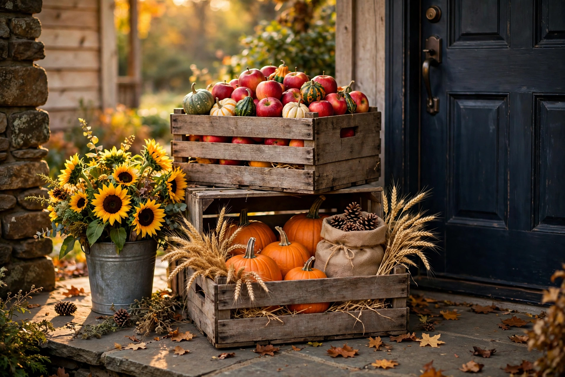Fall front door decor ideas with rustic wooden crates filled with apples, gourds and dried wheat