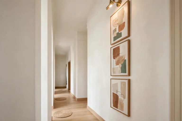 Narrow hallway decorating ideas: bright narrow hallway with light walls, a long runner, and framed art at eye level