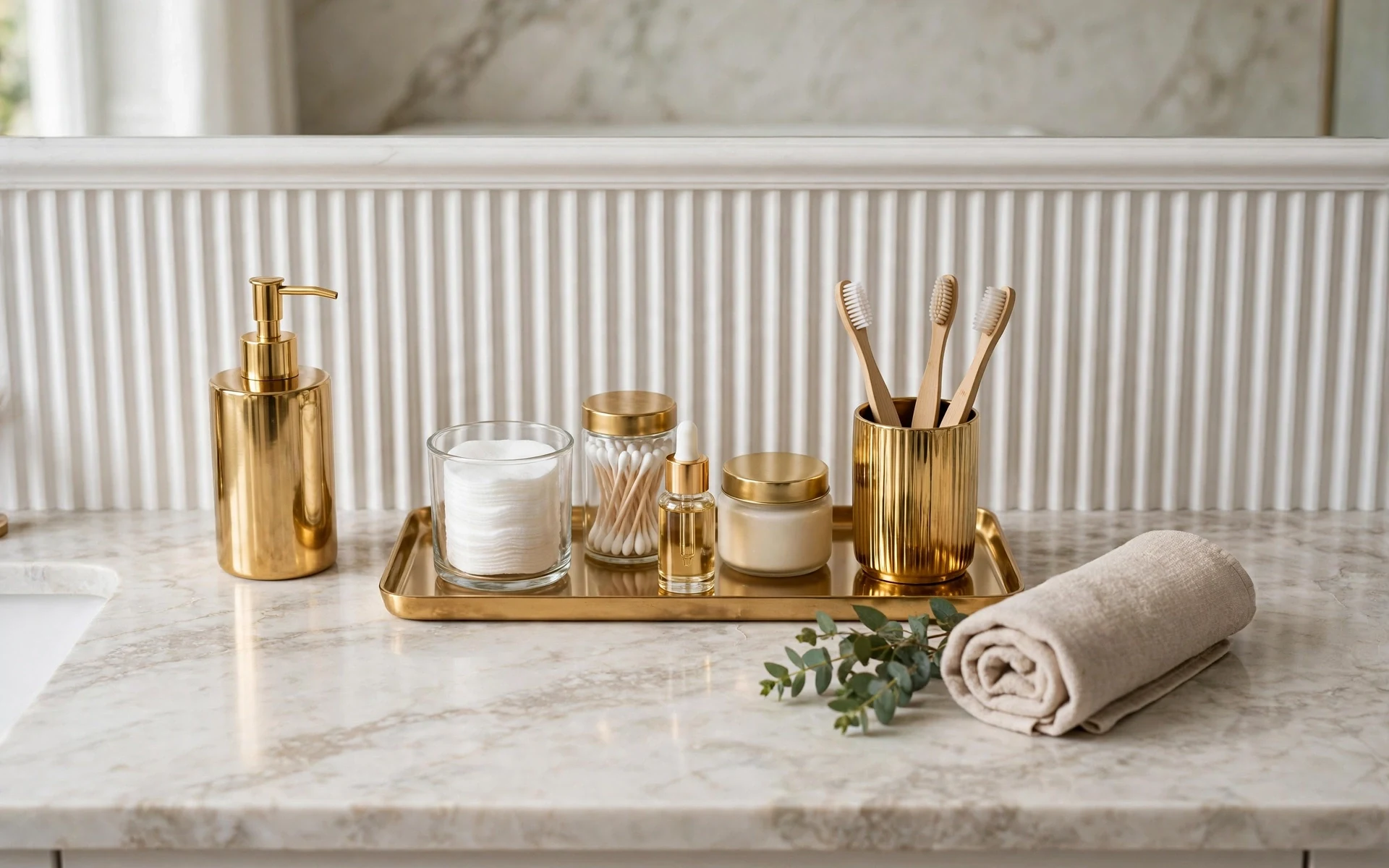 Gold bathroom fixtures ideas shown in gold soap dispensers, tray and accessories on a vanity