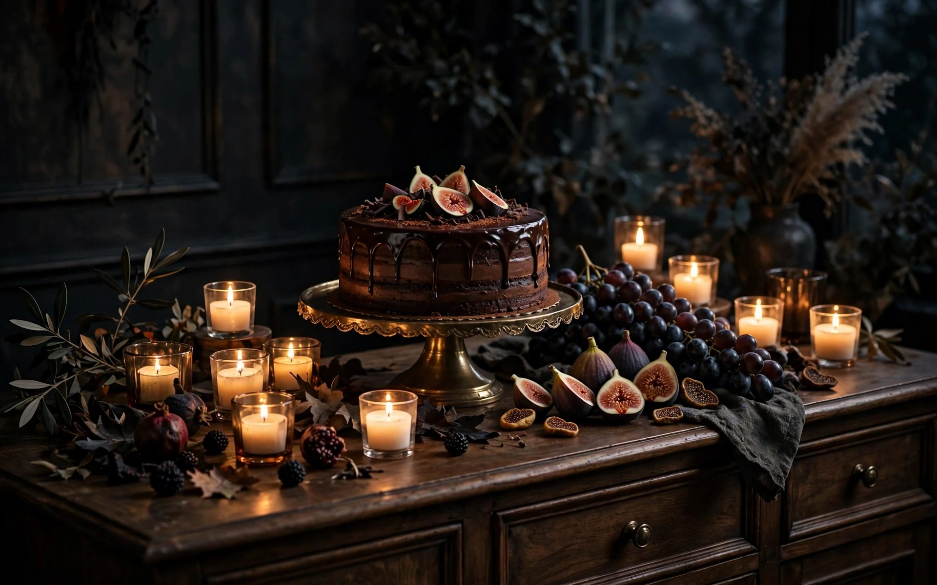 Dark dessert station halloween table setting ideas with a cake stand and votives