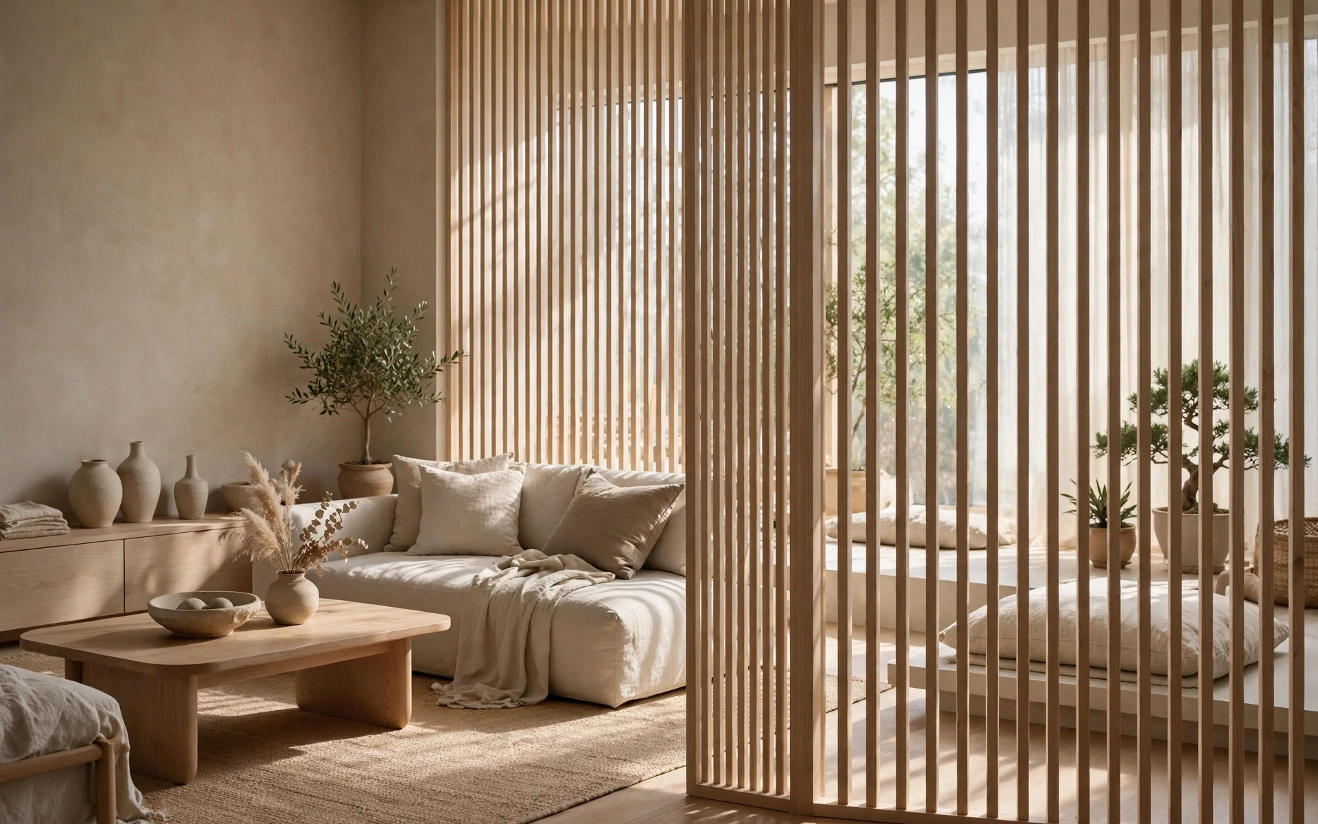 Light wood slatted screen divider in japandi living room ideas with soft light filtering through