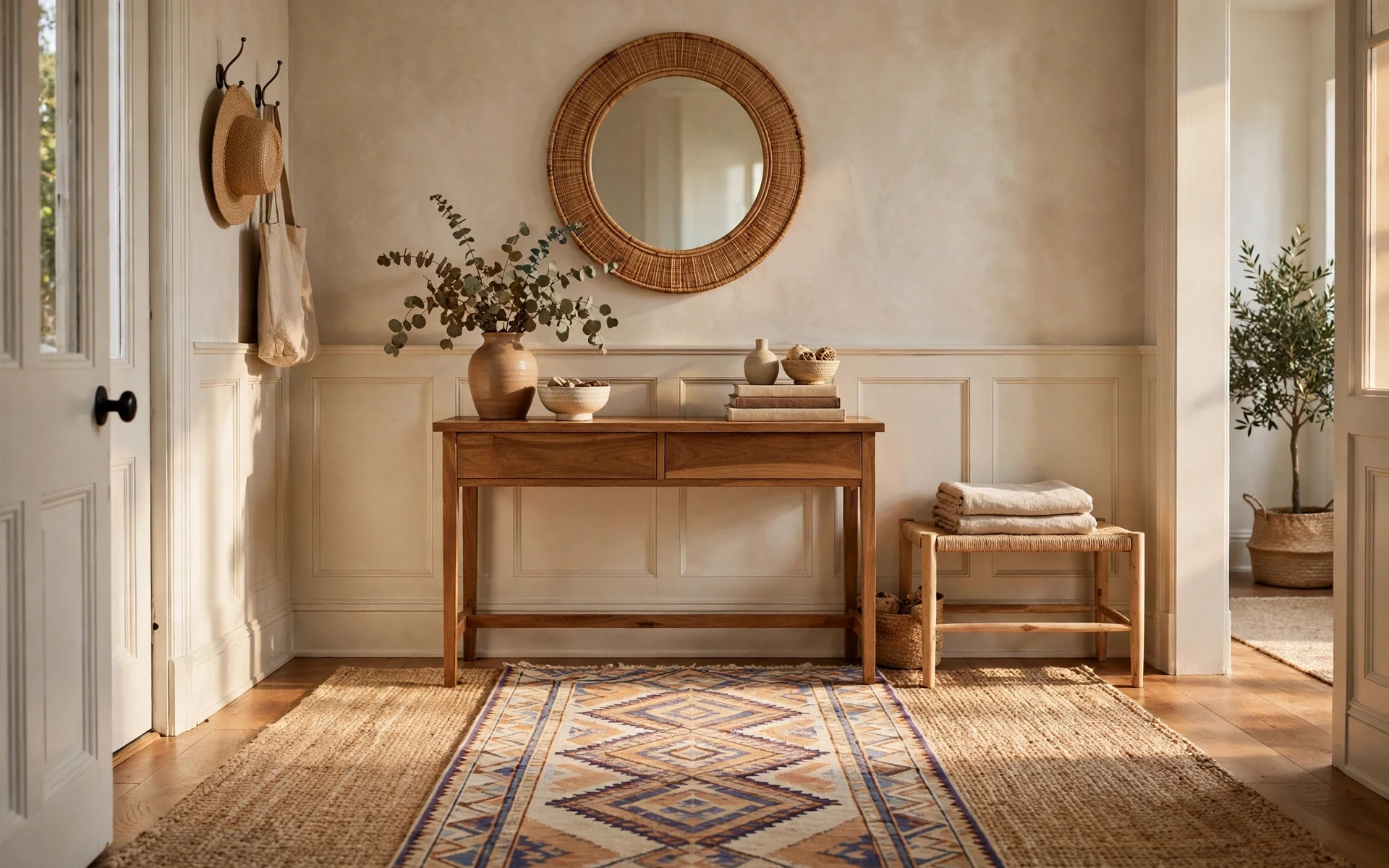 Entryway rug layering ideas with a patterned runner over a larger natural fiber mat