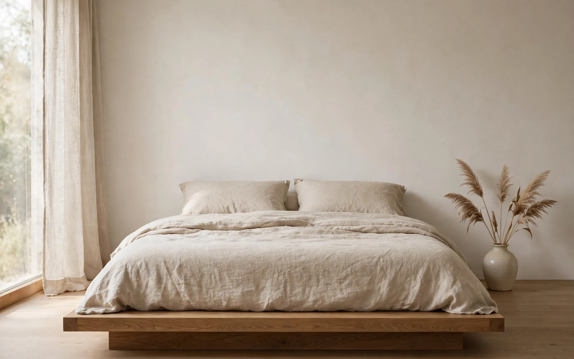 Minimal linen bedding ideas with undyed natural linen on a low wooden platform bed in a calm room