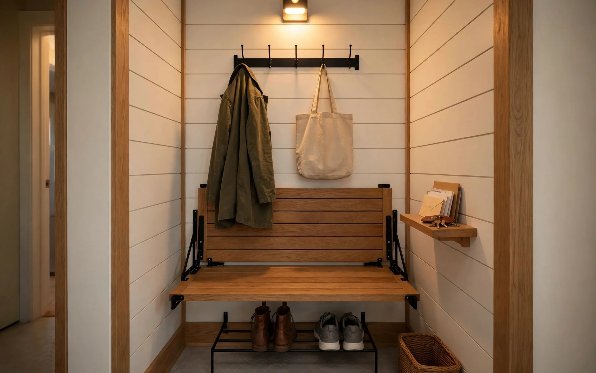 Fold-down wall bench in a narrow hallway mudroom nook, clever mudroom ideas for small spaces