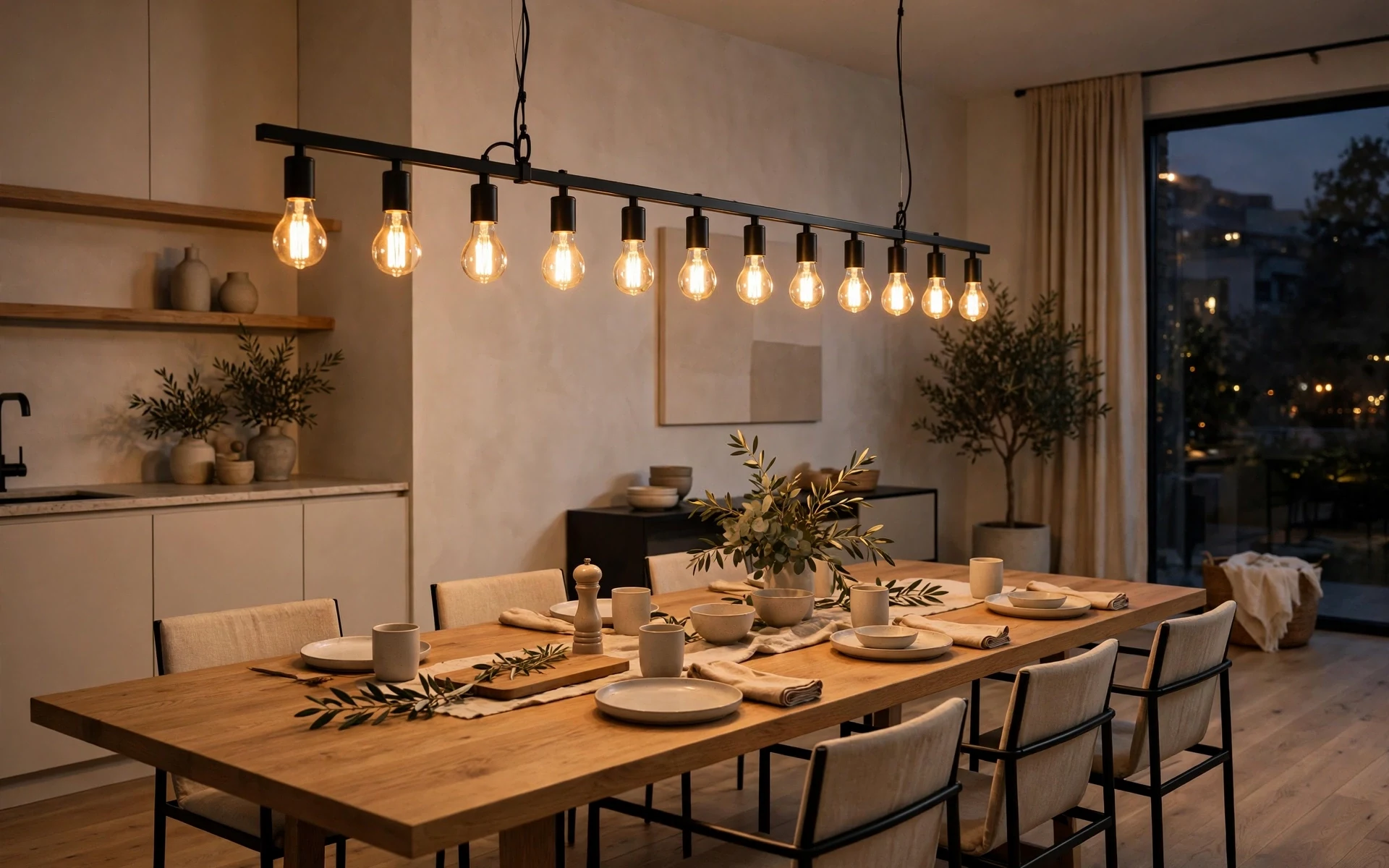 Linear pendant statement lighting ideas with a long black linear pendant over a rectangular dining table