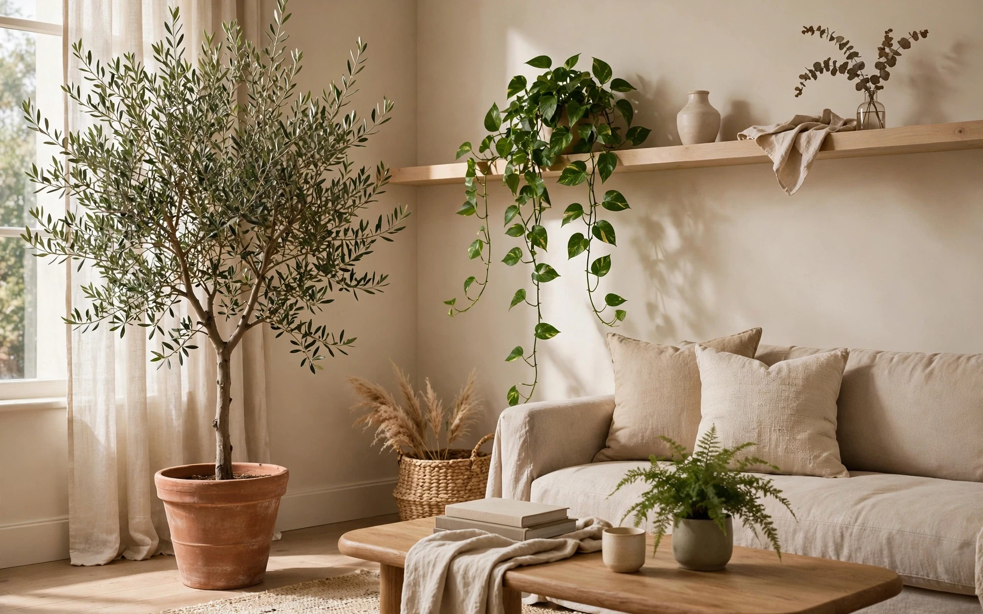 Olive tree, trailing pothos and potted fern bringing greenery into beige living room ideas