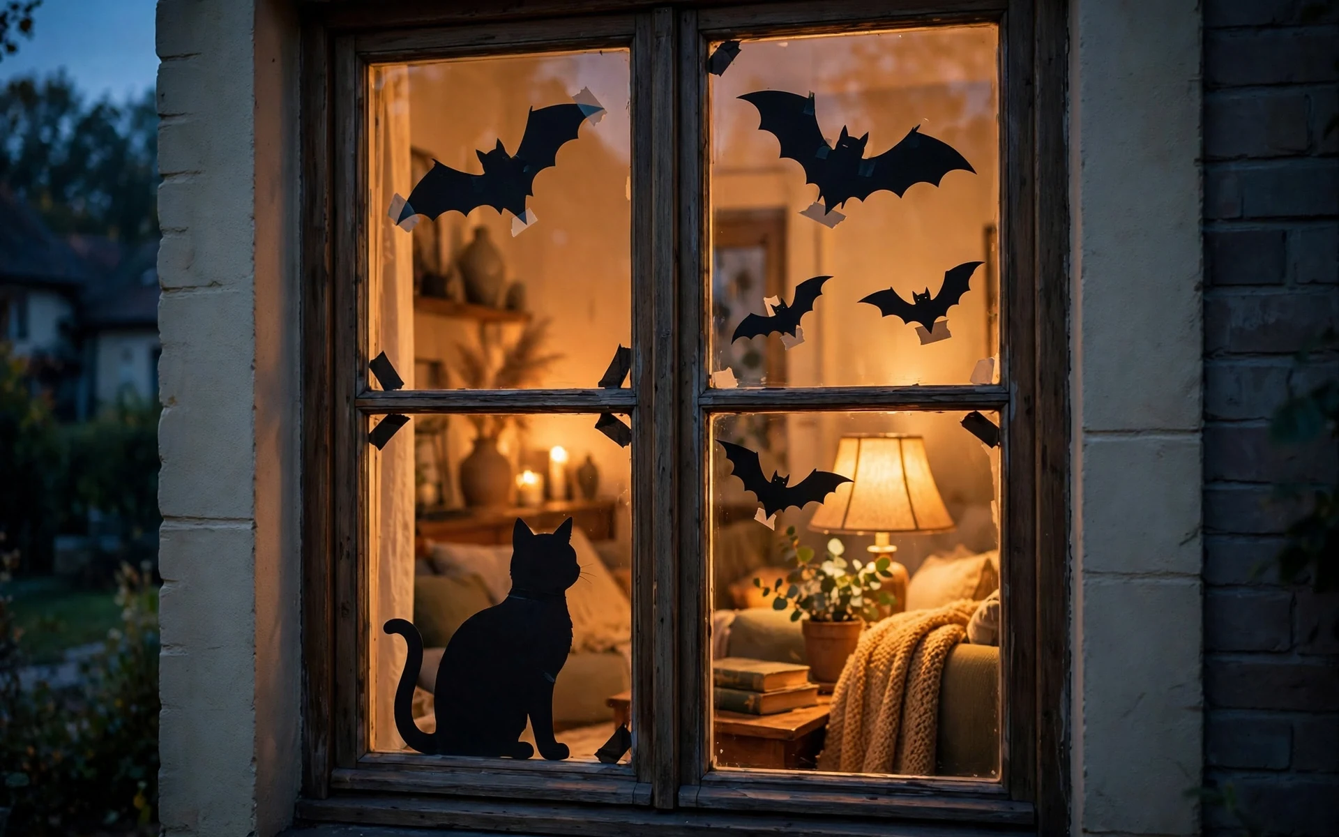 Glowing window with black paper cat and bat silhouettes as diy halloween decor ideas at dusk