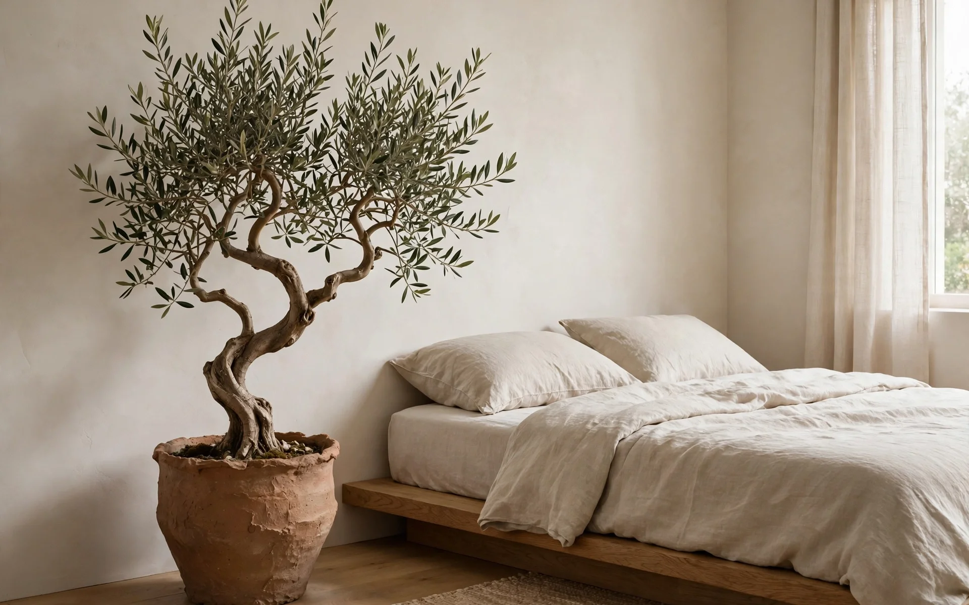 Warm minimalist bedroom ideas with a sculptural olive tree in a clay pot
