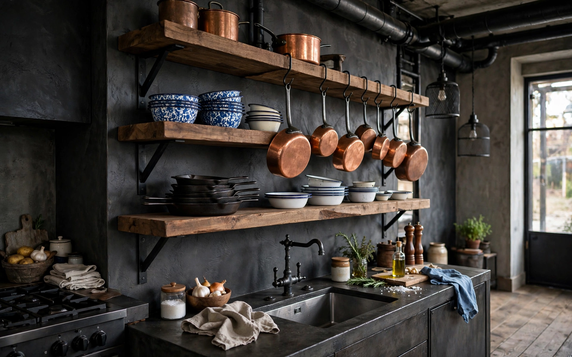 Open shelf kitchen ideas with industrial metal brackets, wood shelves, and copper pots