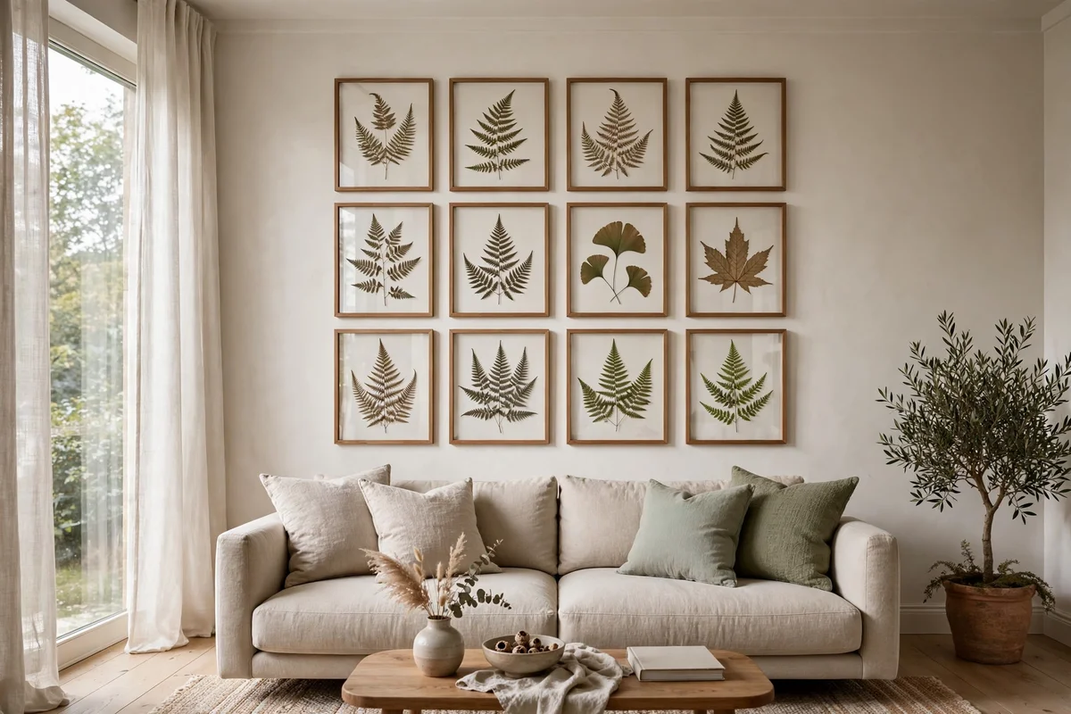 Biophilic decor ideas — a botanical gallery wall of framed pressed leaves and fern prints