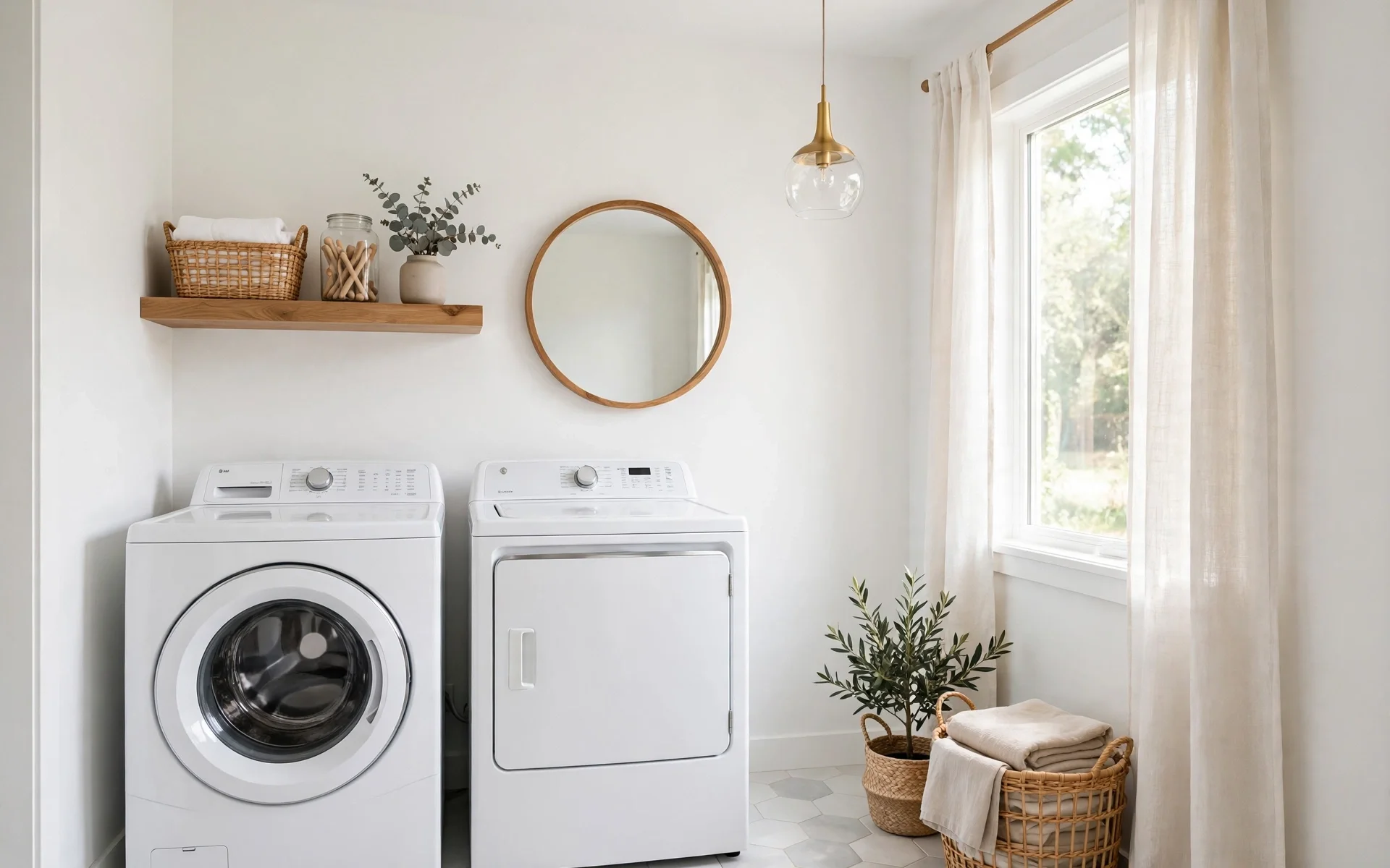 Small laundry room with pendant light and round mirror, bright small laundry room ideas