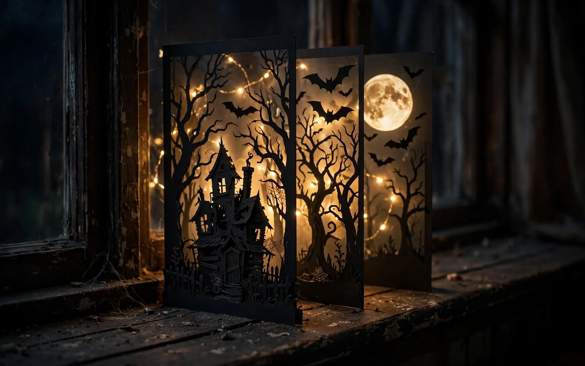 Halloween window decor ideas with a layered paper-cut silhouette diorama glowing in a deep window sill